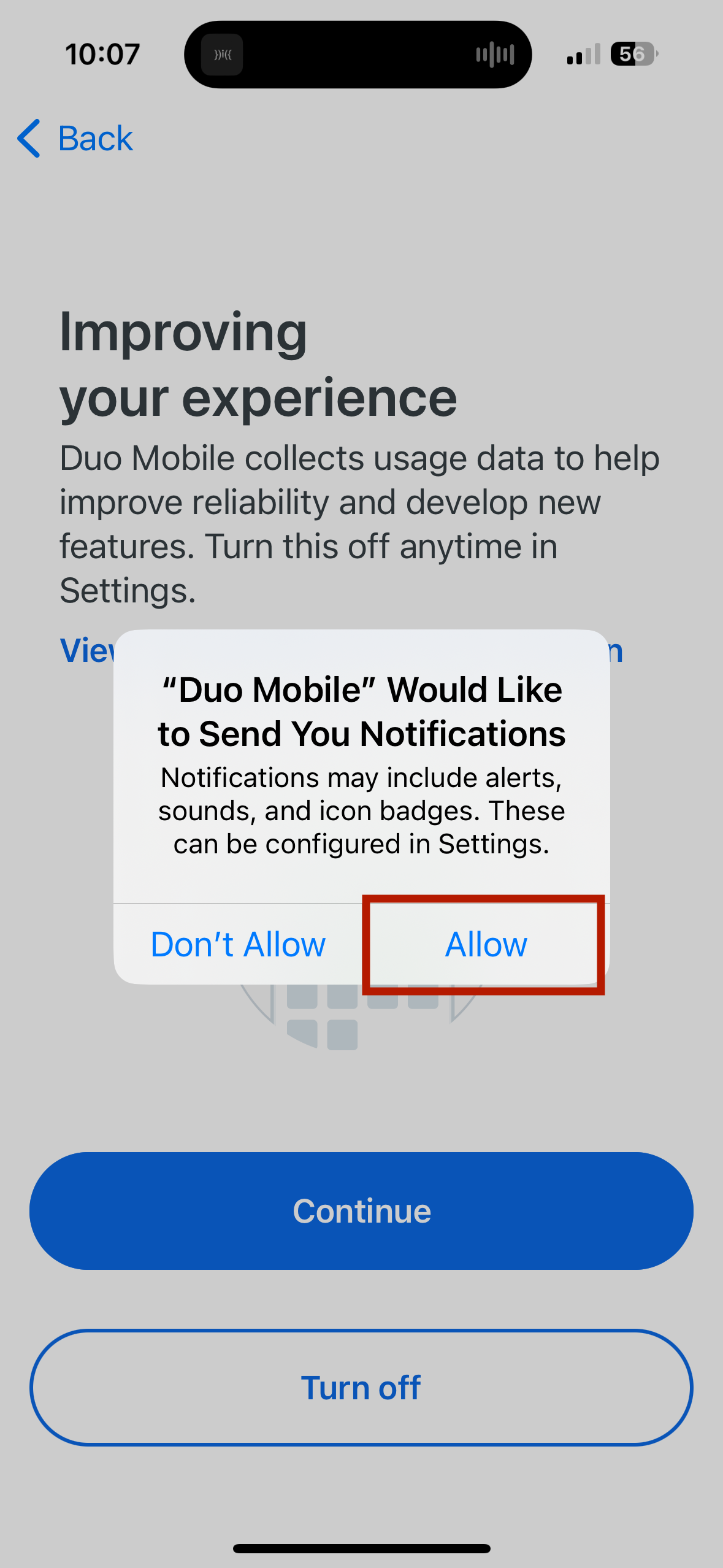 Duo Mobile "Allow notifications" screen on iPhone.