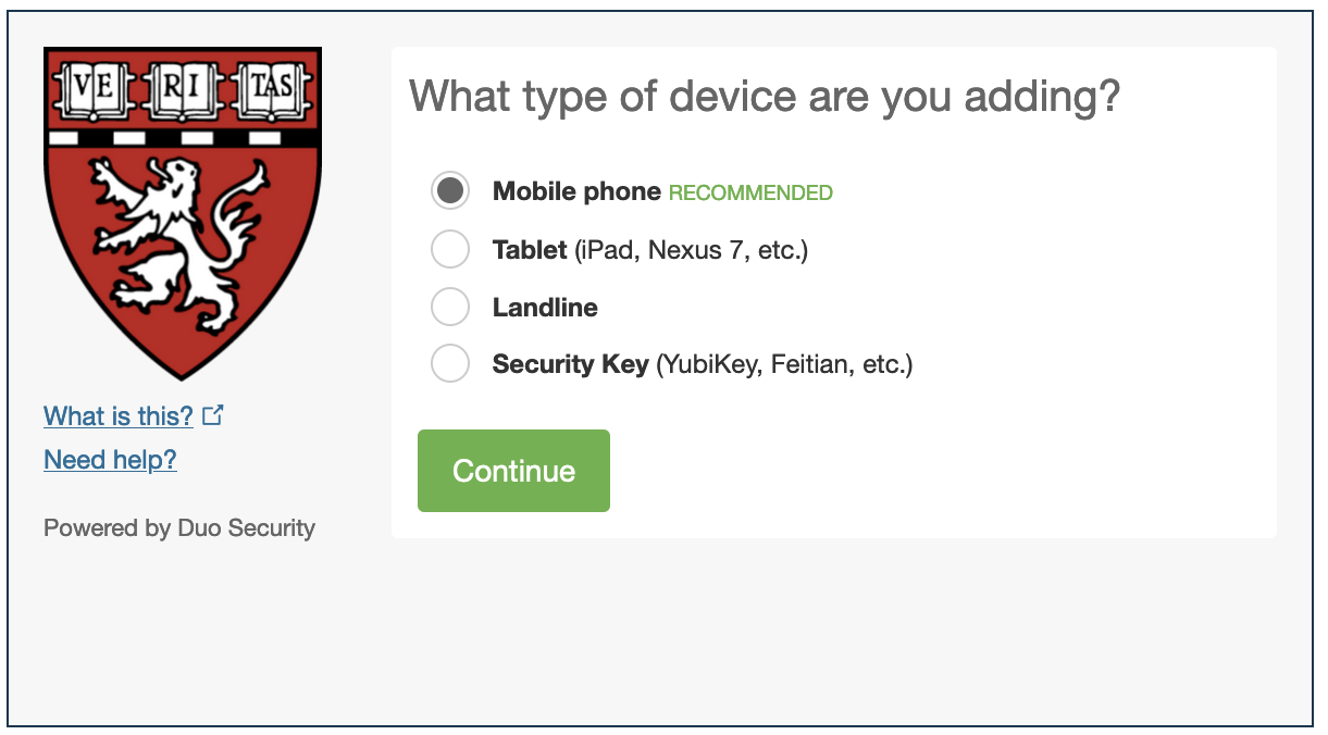 "What type of device are you adding?"  screen on the Duo Mobile app.