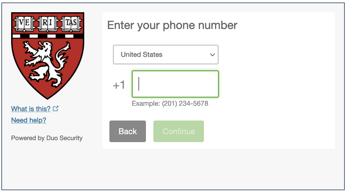 "Enter your phone number" screen on the Duo Mobile app.