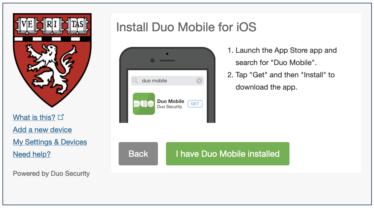 "Install Duo Mobile for iOS" screen on the Duo Mobile app.