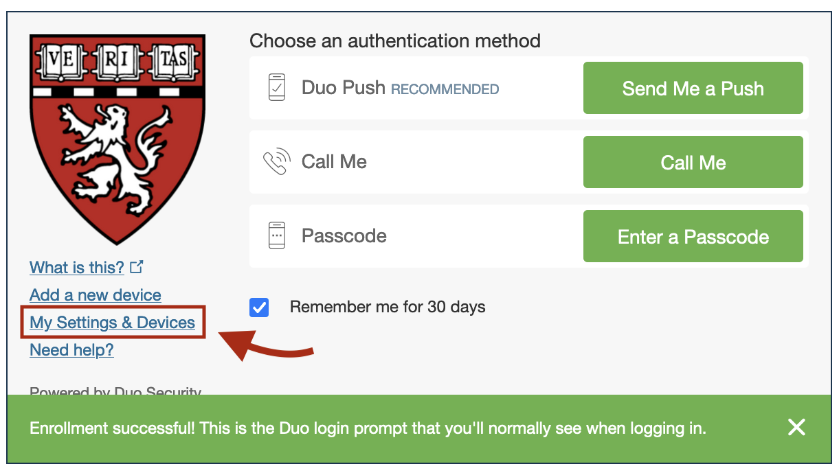 Arrow identifies "My Settings & Devices" link on Duo screen.