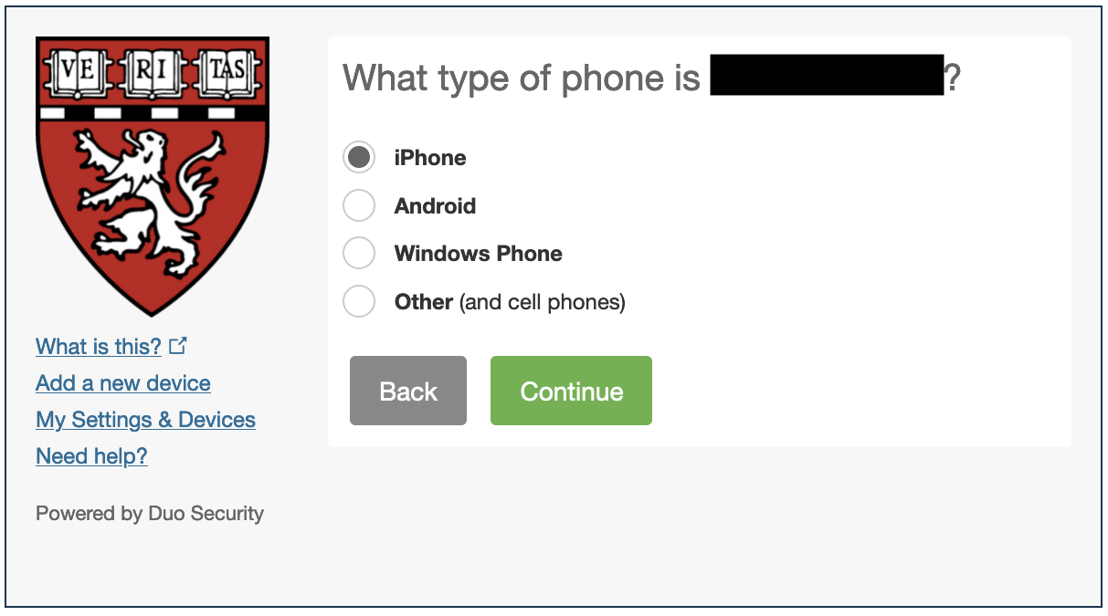 "What type of phone is...?" screen on the Duo Mobile app.
