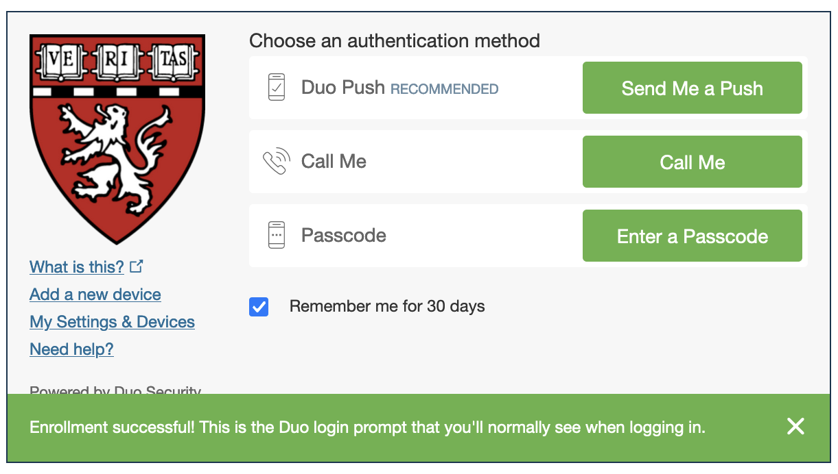 "Choose an authentication method" screen on the Duo Mobile app.