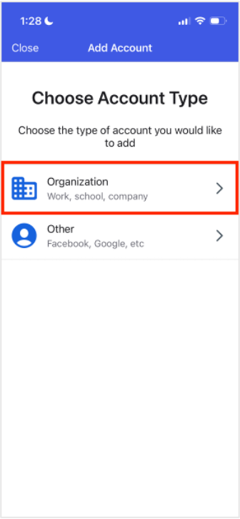 Choose Account Type - Organization