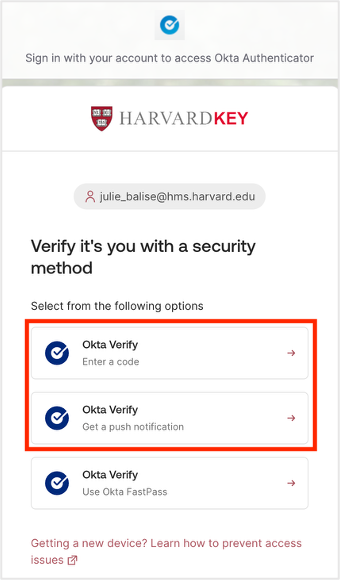 Verify it's you with a security method - Okta push or code